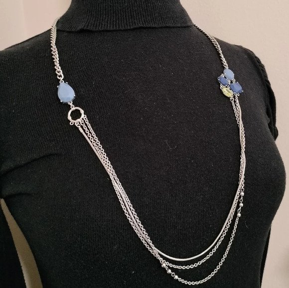 Silver Tone Double Strand Blue Green Acrylic Gemstone Fashion Necklace 32" - Picture 1 of 6